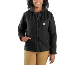 Carhartt Jacket: Women's 104292 BLK Black Duck Sherpa Lined Washed Jacket