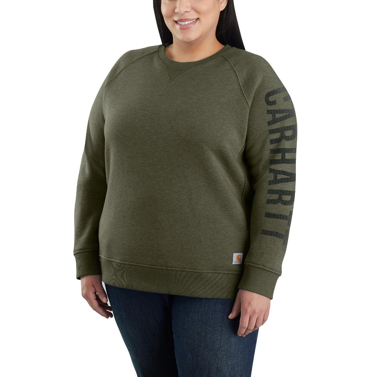 Carhartt Sweatshirts: Women's 104410 G73 Basil Heather Crewneck Relaxed Fit Graphic Sweatshirt 1 Carhartt Sweatshirts: Women's 104410 G73 Basil Heather Crewneck Relaxed Fit Graphic Sweatshirt