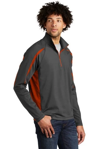 Sport-TeK Sweatshirts: Men's ST851 CGDO Charcoal Grey Deep Orange Stretch 1/2-Zip Colorblock Pullover 2 Sport-TeK Sweatshirts: Men's ST851 CGDO Charcoal Grey Deep Orange Stretch 1/2-Zip Colorblock Pullover - Image 2
