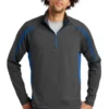 Sport-TeK Sweatshirts: Men's ST851 CGTR Charcoal Grey True Royal Stretch 1/2-Zip Colorblock Pullover