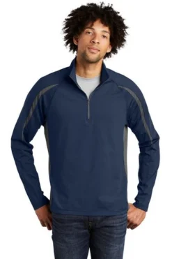 Sport-TeK Sweatshirts: Men's ST851 TNCG True Navy Charcoal Grey Stretch 1/2-Zip Colorblock Pullover