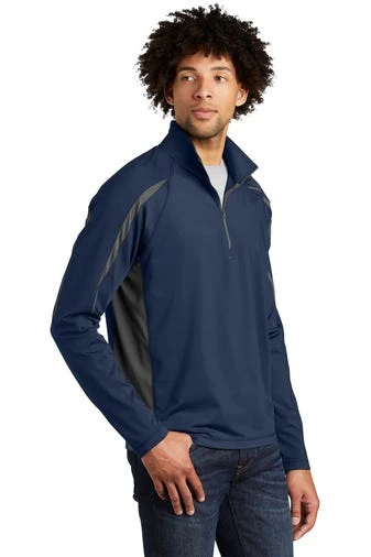 Sport-TeK Sweatshirts: Men's ST851 TNCG True Navy Charcoal Grey Stretch 1/2-Zip Colorblock Pullover 2 Sport-TeK Sweatshirts: Men's ST851 TNCG True Navy Charcoal Grey Stretch 1/2-Zip Colorblock Pullover - Image 2