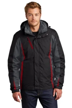 Port Authority Jackets: Men's J321 BMR Black Magnet Signal Red Colorblock 3-in-1 Jacket