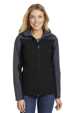 Port Authority Jackets: Women's L335 GRY Black Battleship Grey Hooded Core Soft Shell Jacket