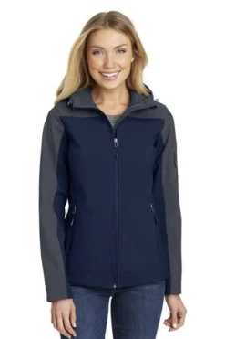 Port Authority Jackets: Women's L335 NVYGRY Dress Blue Navy Battleship Grey Hooded Core Soft Shell Jacket