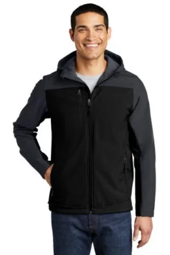 Port Authority Jackets: Men's J335 GRY Black Battleship Grey Hooded Core Soft Shell Jacket