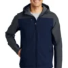 Port Authority Jackets: Men's J335 NVYGRY Dress Blue Navy Battleship Grey Hooded Core Soft Shell Jacket