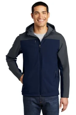 Port Authority Jackets: Men's J335 NVYGRY Dress Blue Navy Battleship Grey Hooded Core Soft Shell Jacket