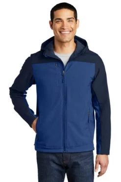 Port Authority Jackets: Men's J335 NVYBLU Night Sky Blue/ Dress Blue Navy Hooded Core Soft Shell Jacket