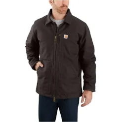 Carhartt Coats: Men's 104293 DKB Dark Brown Loose Fit Washed Duck Sherpa-Lined Coat